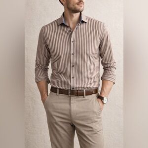 Zara Man Tailored Fit Brown White Stripe Button Down Shirt XL Made in Portugal
